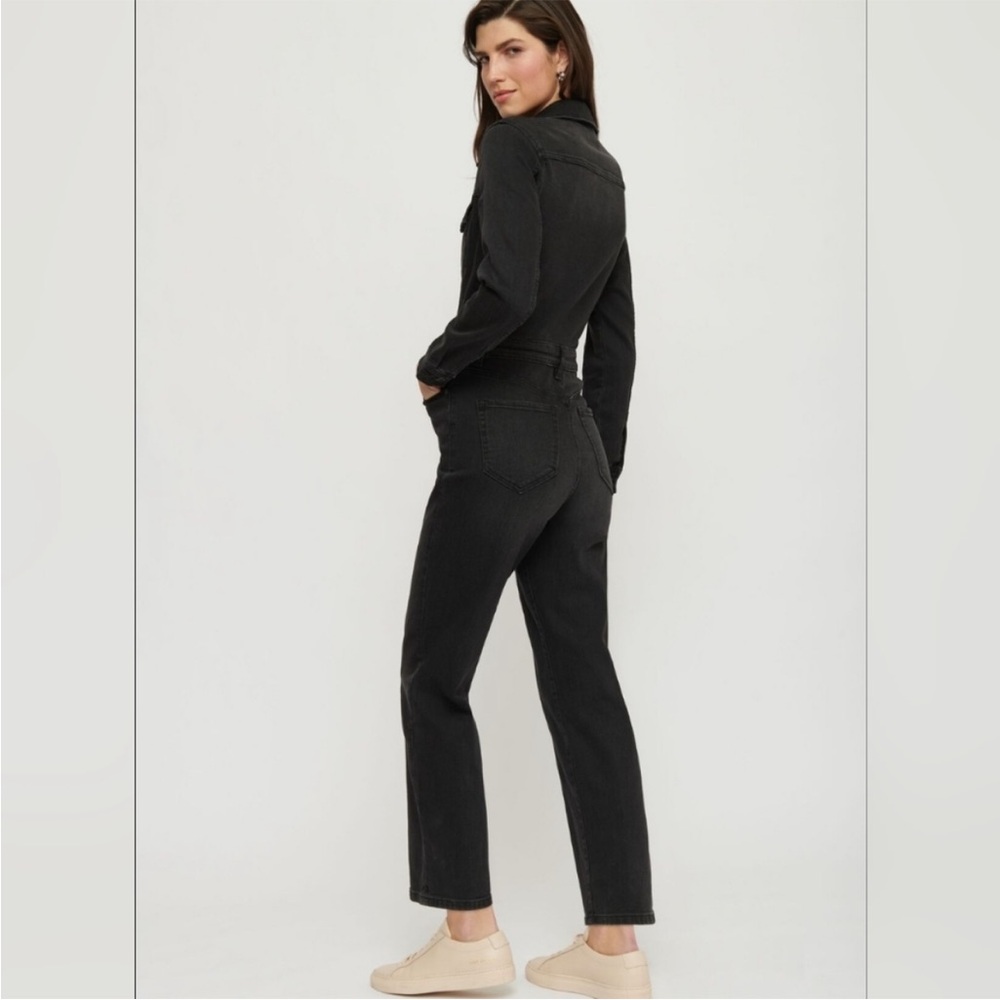 DYNAMITE Distressed Black Denim Long Sleeve Western Chic Straight Leg Jumpsuit - Picture 3 of 8
